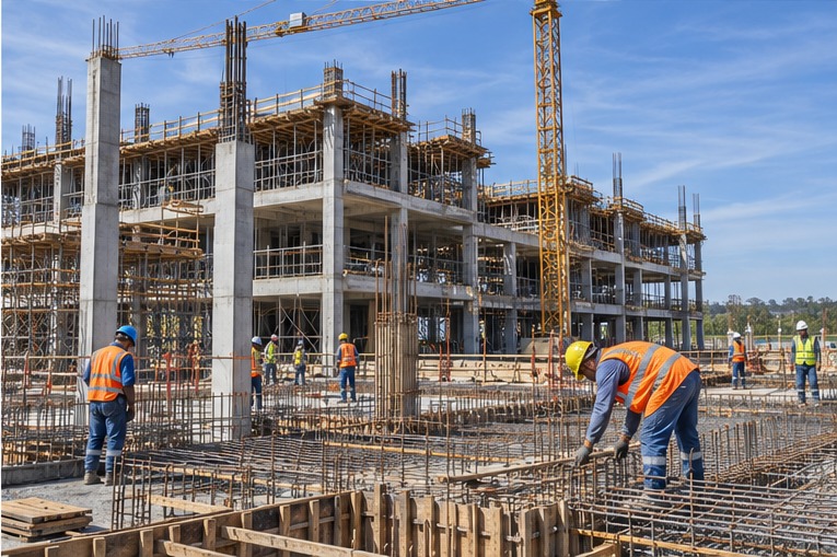Equipe de obra usando capacetes e coletes de segurança em um canteiro de construção