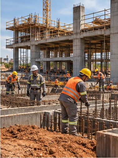 Equipe com capacetes e coletes refletivos trabalhando em estrutura de concreto