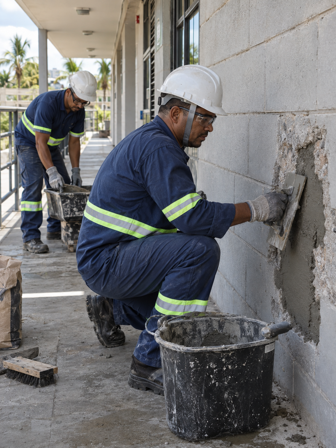 Imagem ilustrativa de profissional com EPI reparando alvenaria em edifício