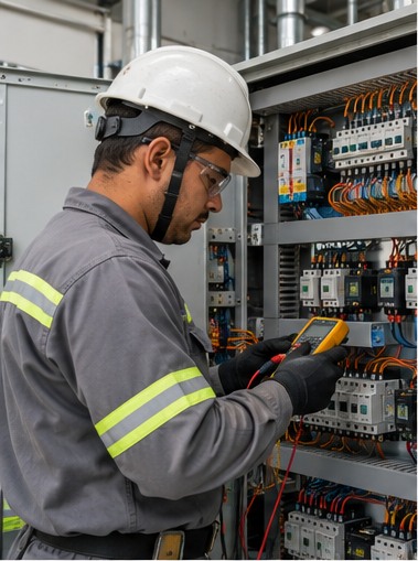 Eletricista com capacete e luvas inspeciona um painel de controle industrial