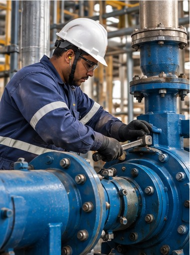 Mecânico industrial de capacete e luvas ajusta uma válvula de grande porte