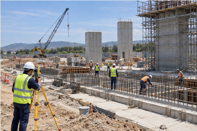 Engenheiro com colete refletivo e capacete faz medições em canteiro de obras
