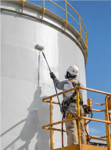 Pintor industrial com EPI aplica revestimento em tanque de armazenamento